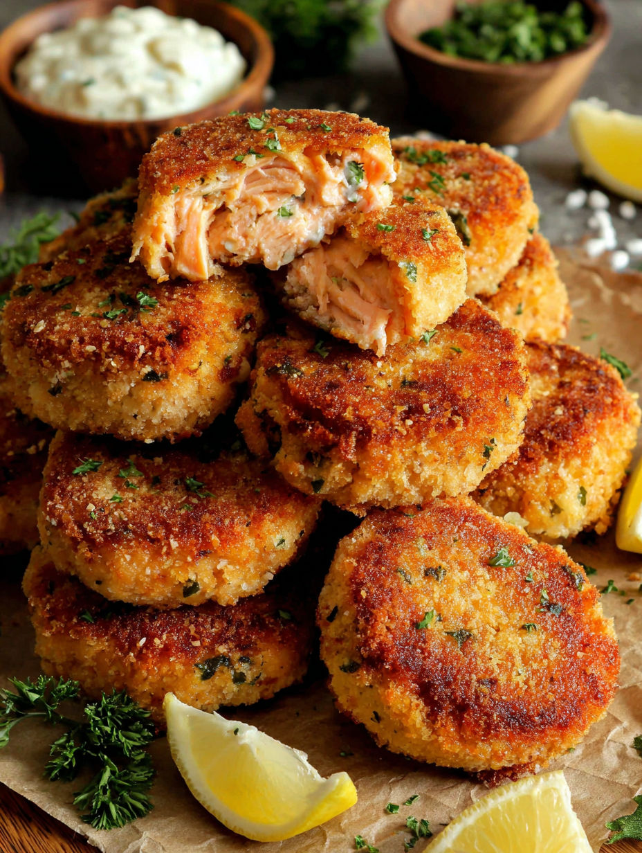 A stack of fish cakes with a lemon wedge on the side.