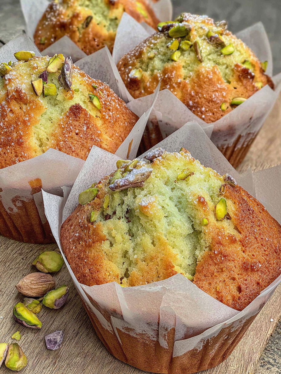 A muffin topped with pistachio nuts.