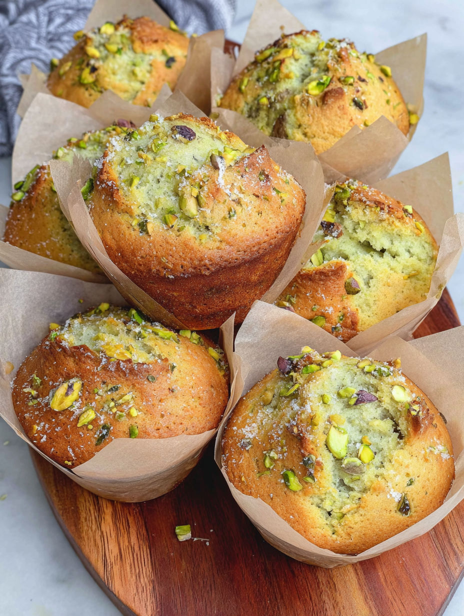 A tray filled with muffins topped with pistachio.
