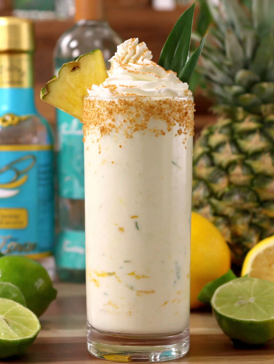 A glass of a key lime colada with a pineapple wedge on top.