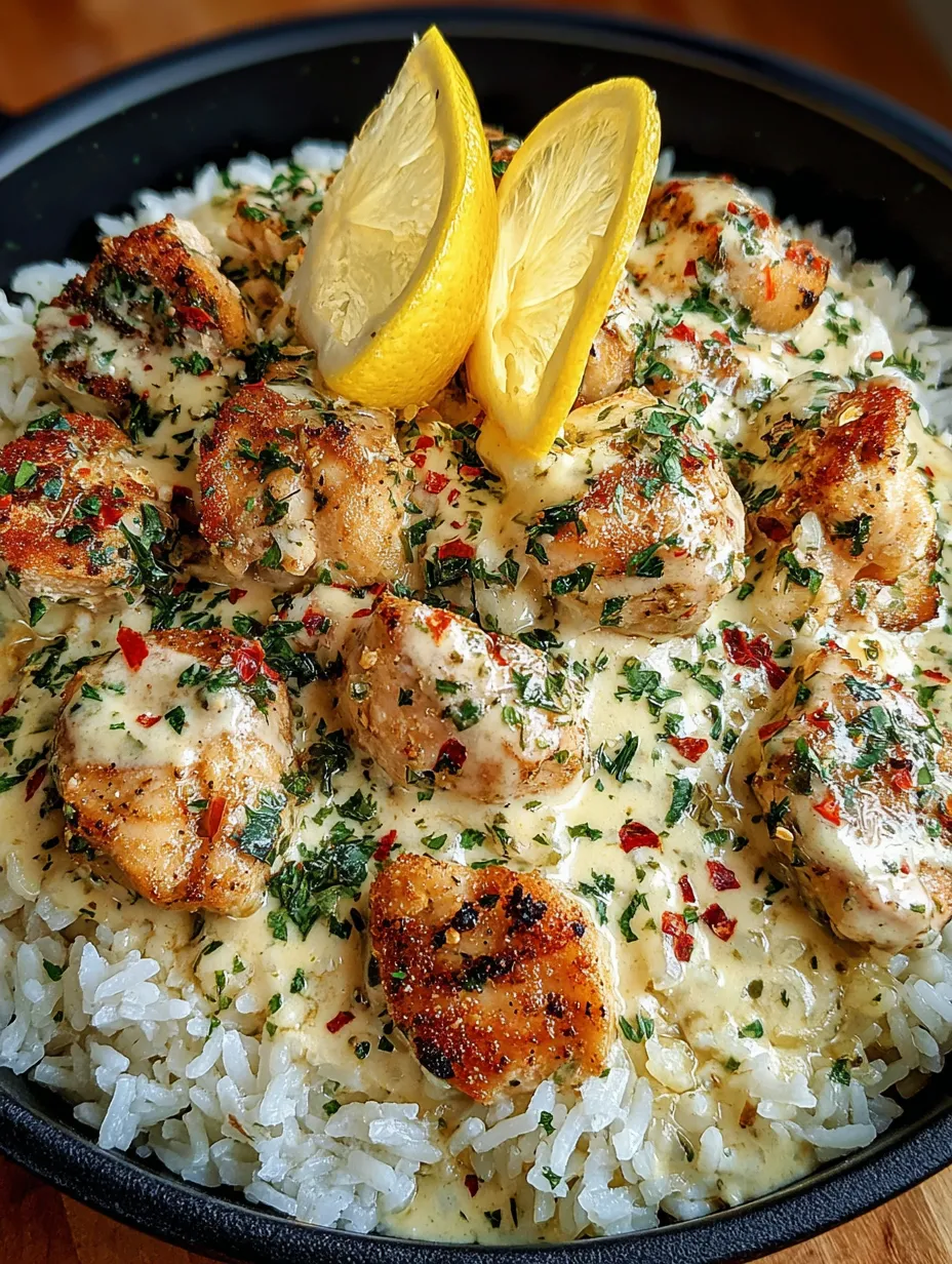 A plate piled high with creamy garlic chicken scampi rice.
