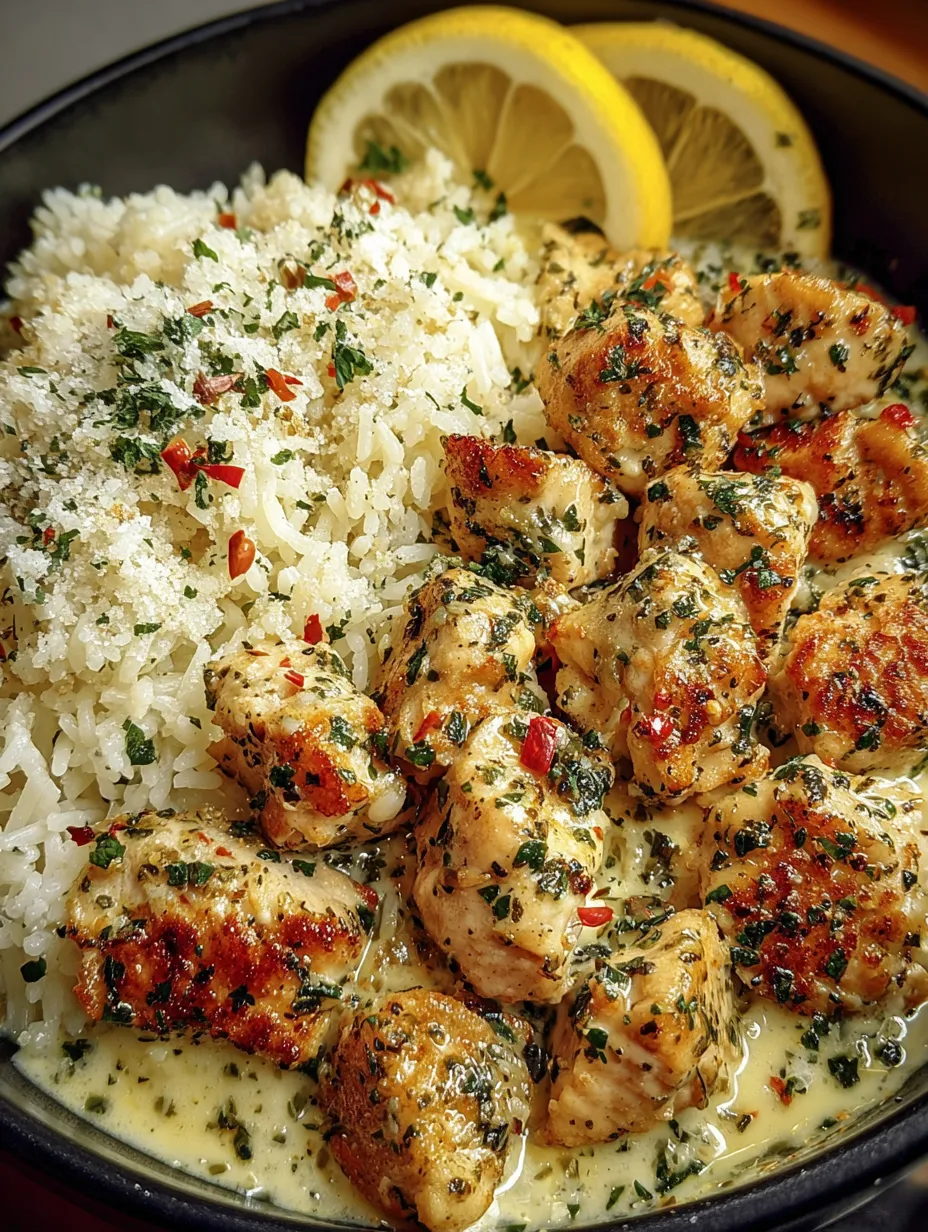 A serving of chicken scampi perched over creamy garlic rice.