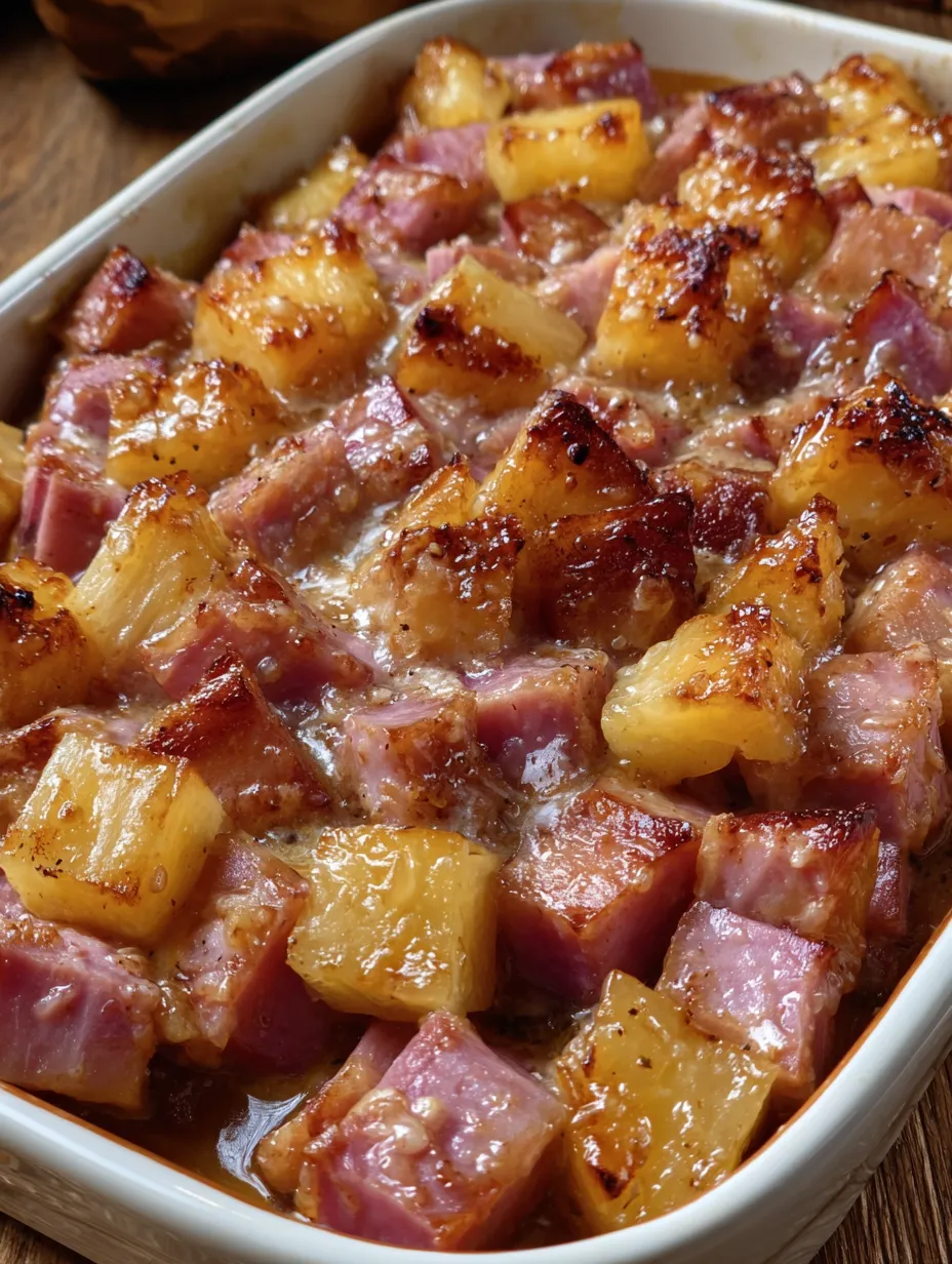 Brown sugar pineapple ham bake fresh and hot in a dish.