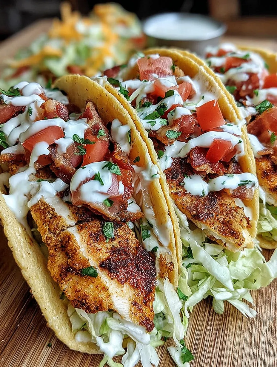 A plate stacked high with Chicken Bacon Ranch Tacos sitting on rustic wood.