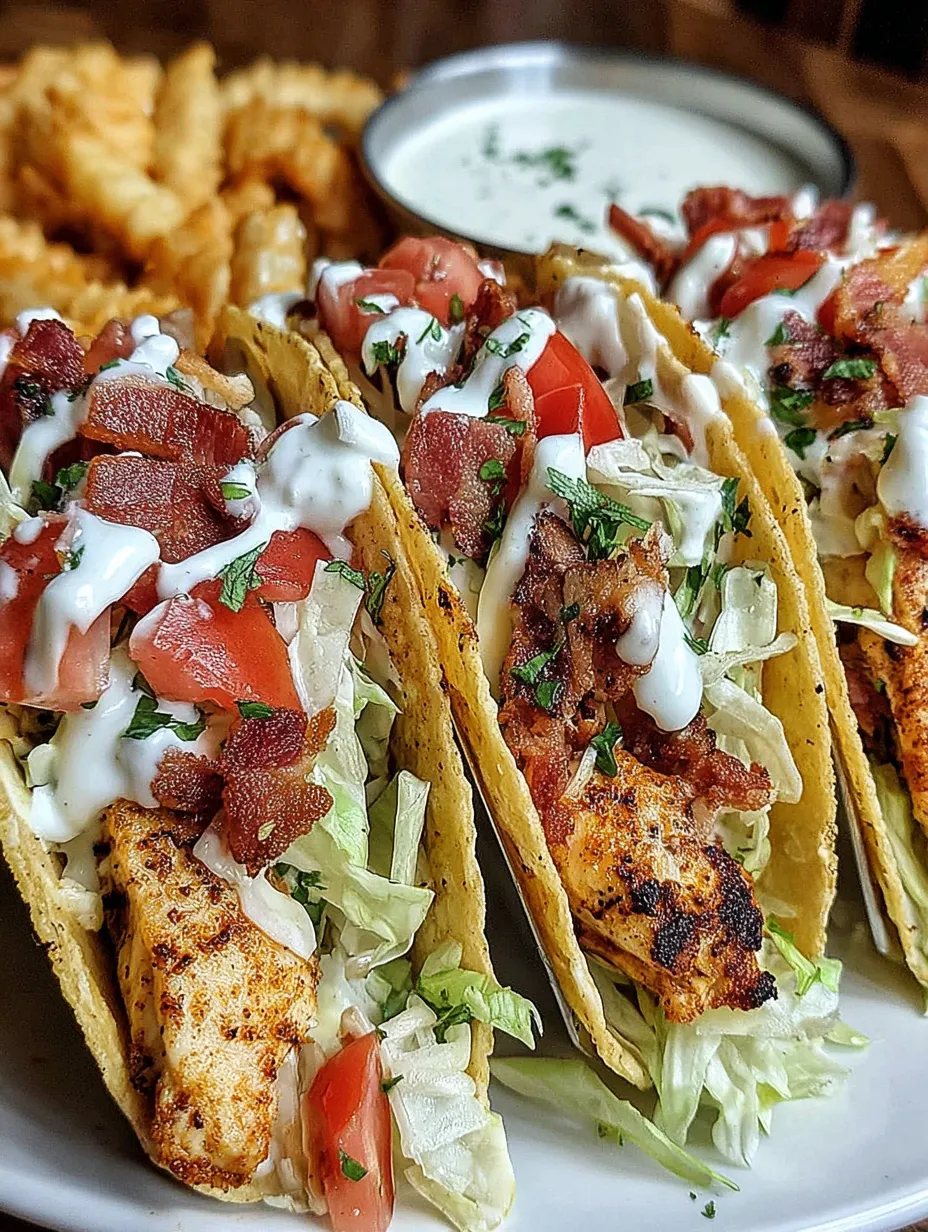 Closeup of Chicken Bacon Ranch Tacos bursting with toppings.