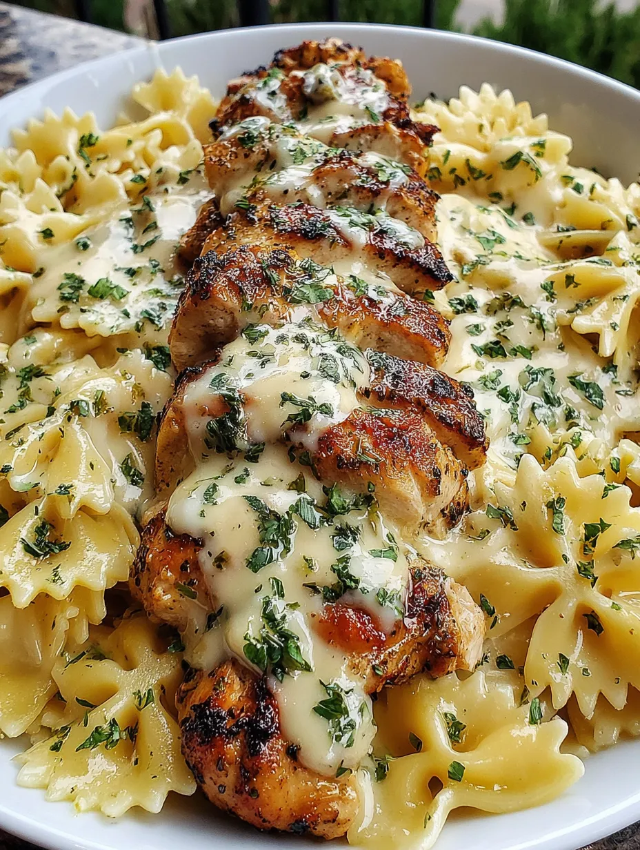 Plate loaded with creamy chicken pasta and cheese.
