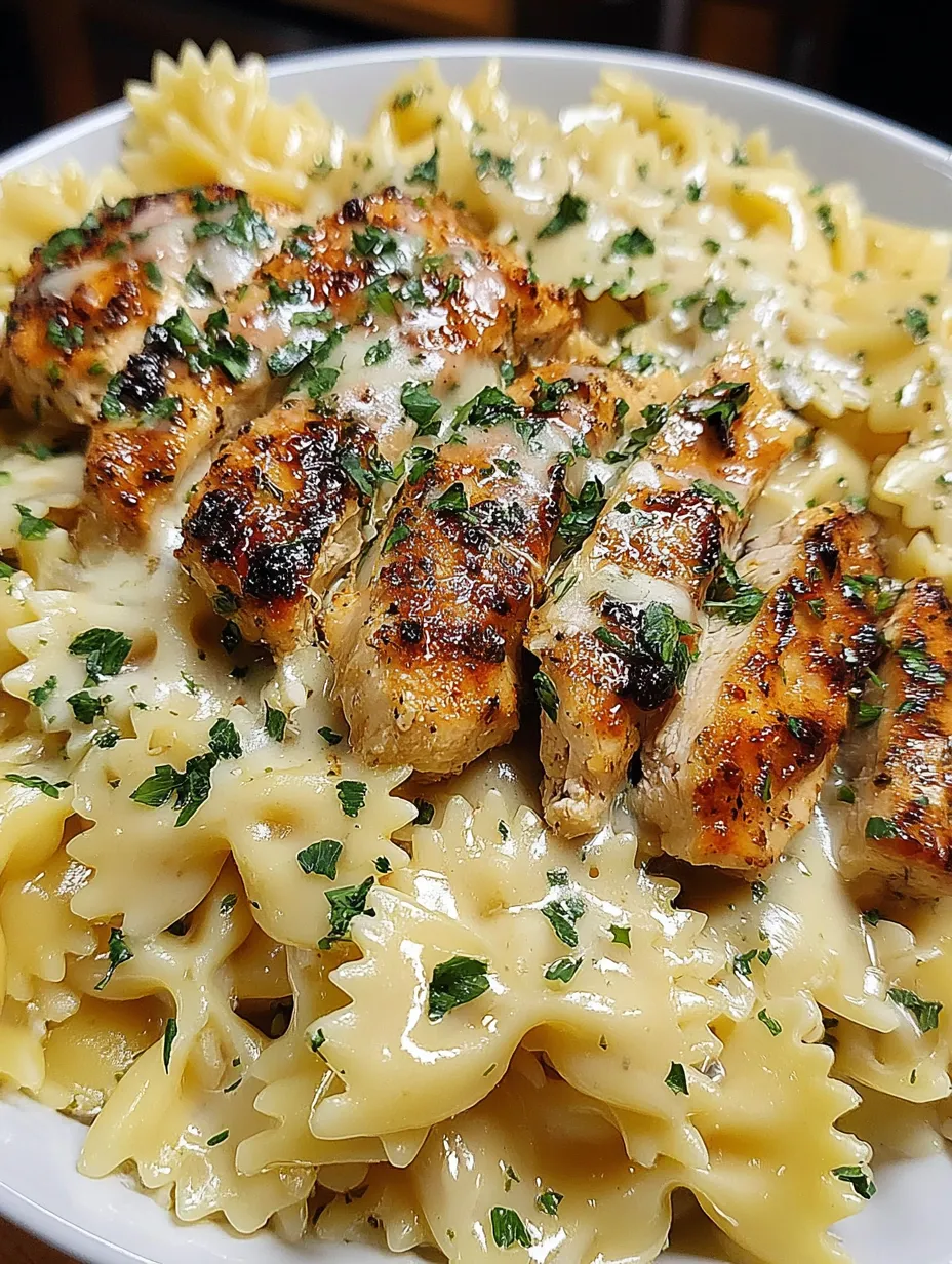 Bowl full of bowtie pasta, chicken, and showered with parmesan.