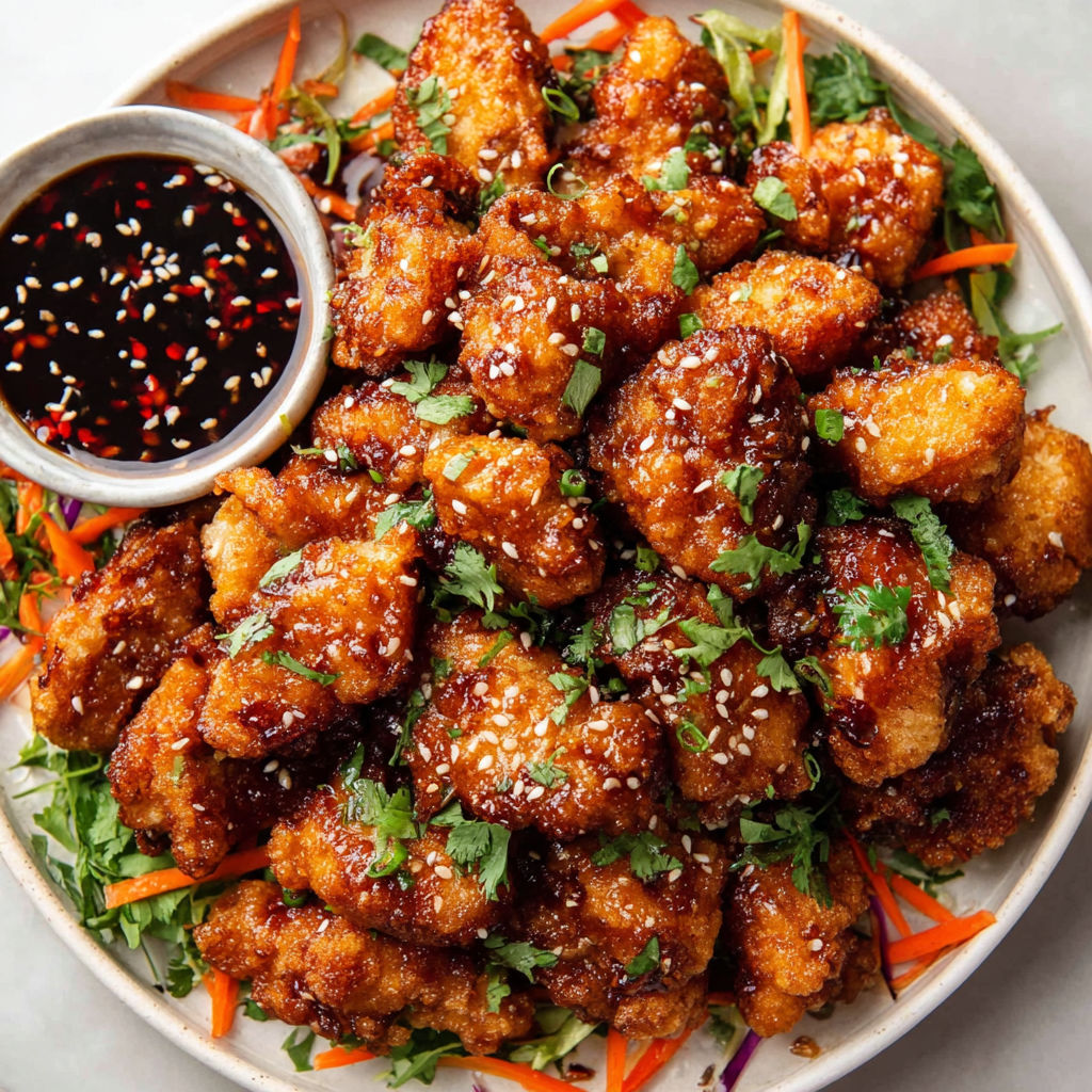 A plate of chicken bites with a dipping sauce.