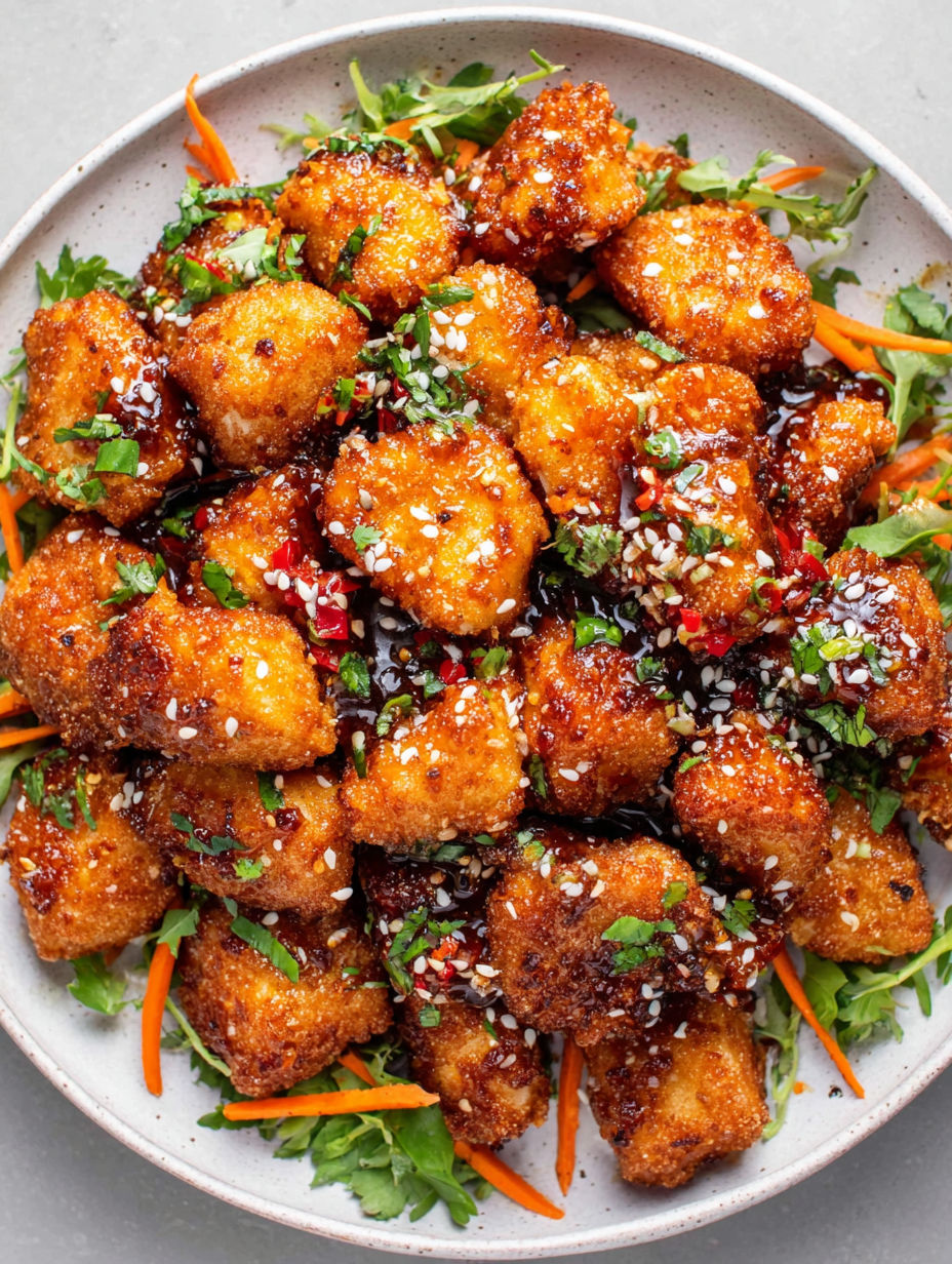A plate of Thai chicken bites with sauce.