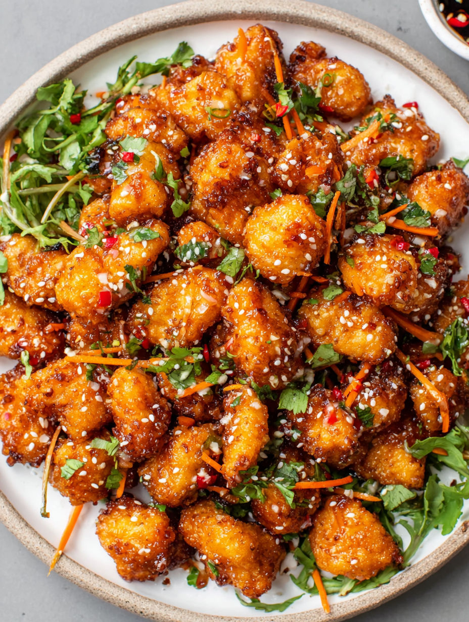 A plate of Thai chicken bites with a green garnish.