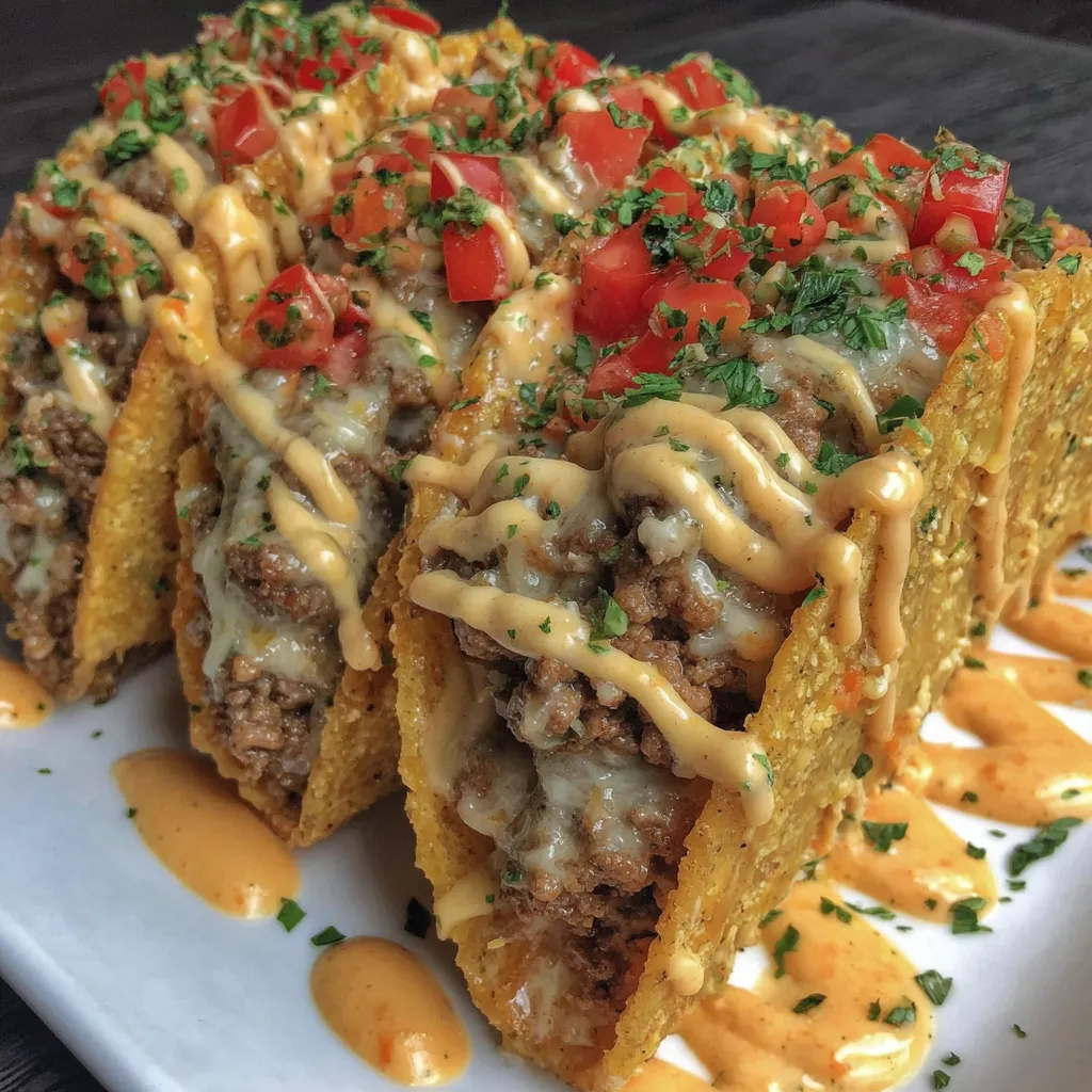 Crispy tacos filled with beef and cheesy toppings.