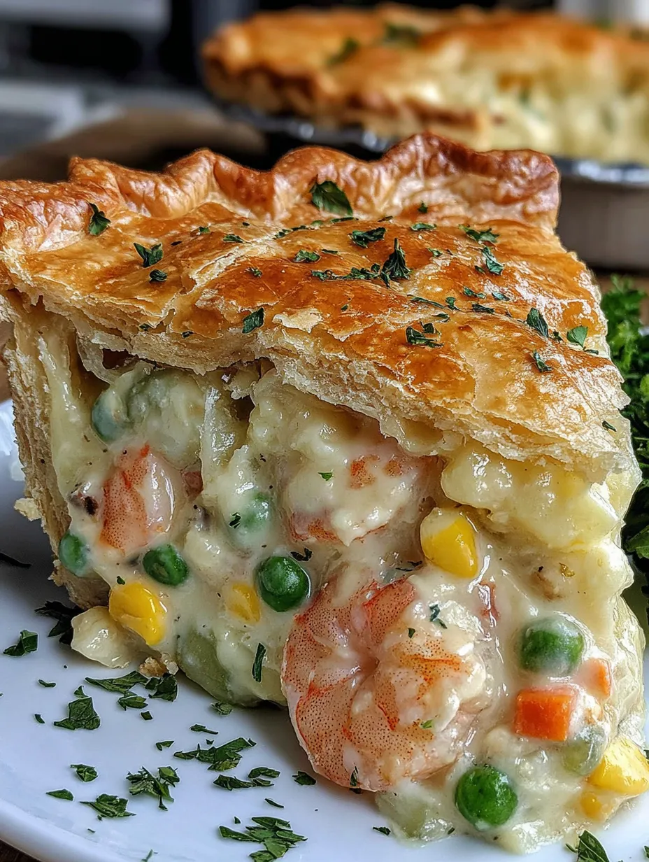 A bubbly slice with shrimp, cheese, and pastry ready to eat.