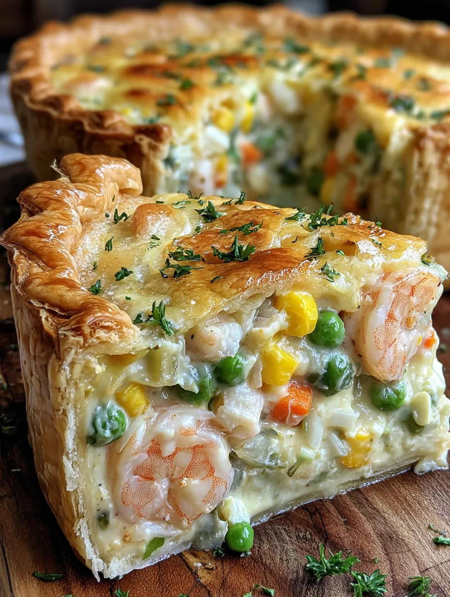 A slice with bubbly golden cheese and shrimp in pastry.