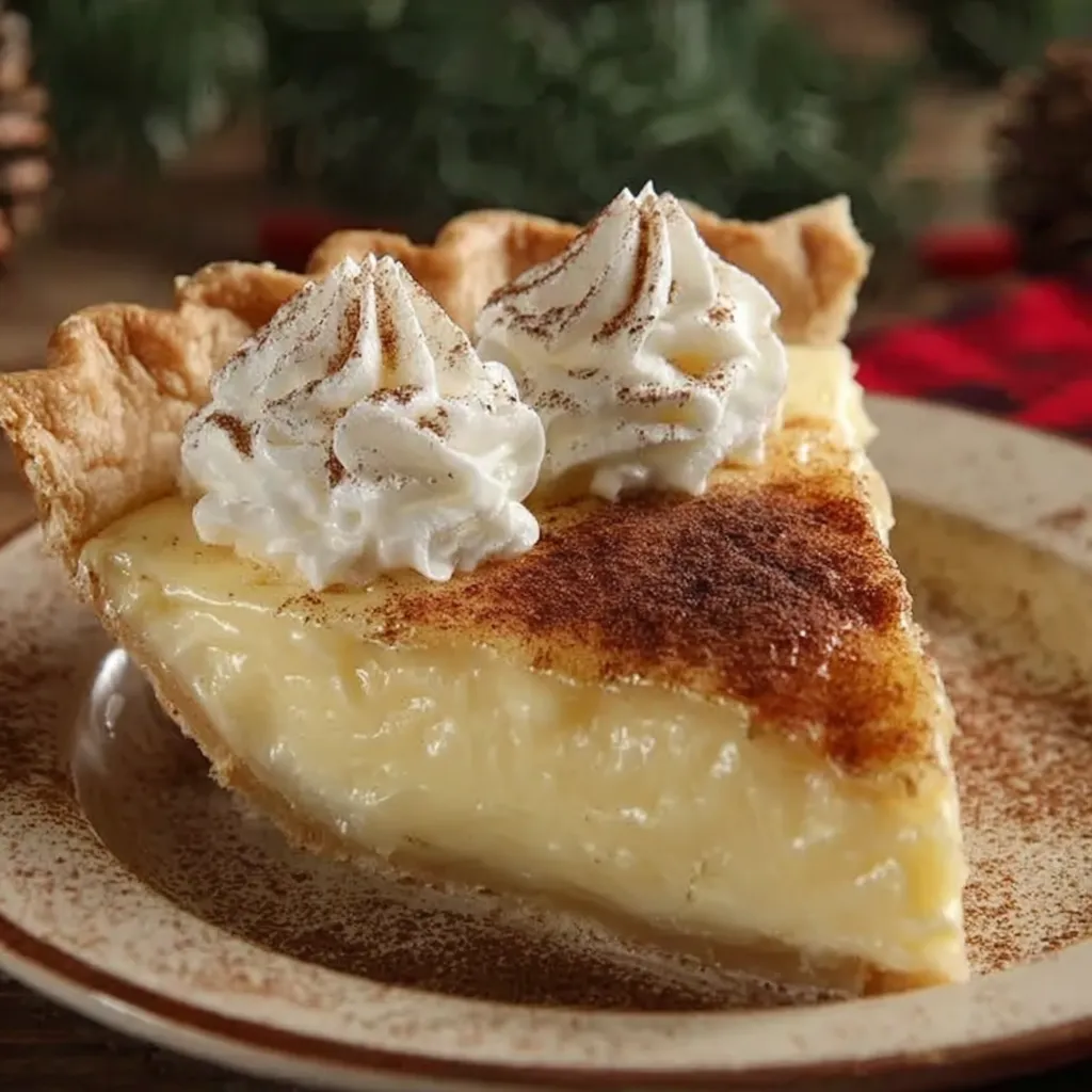 A slice of pie with whipped cream on top.