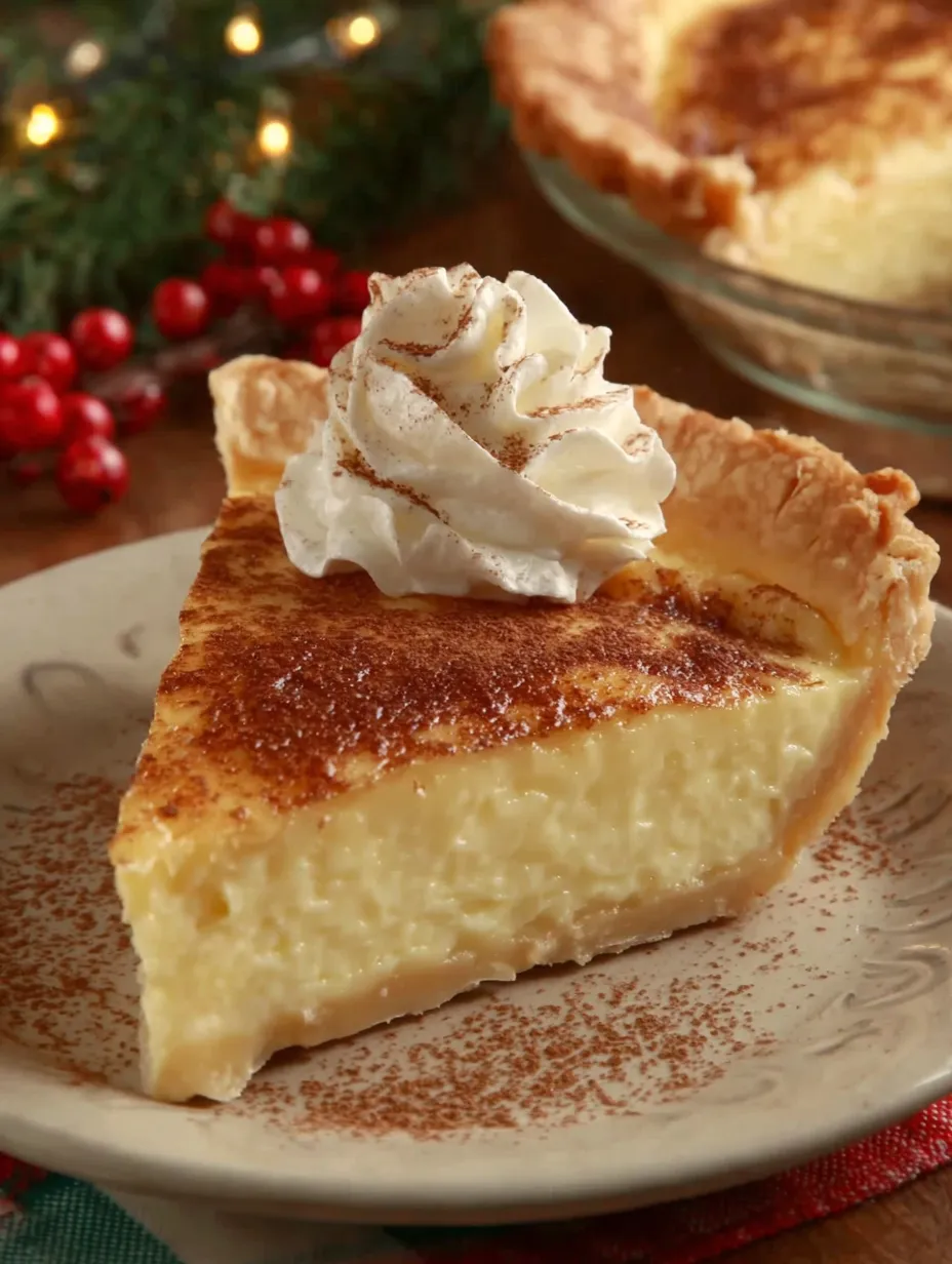 A slice of pie with whipped cream on top.