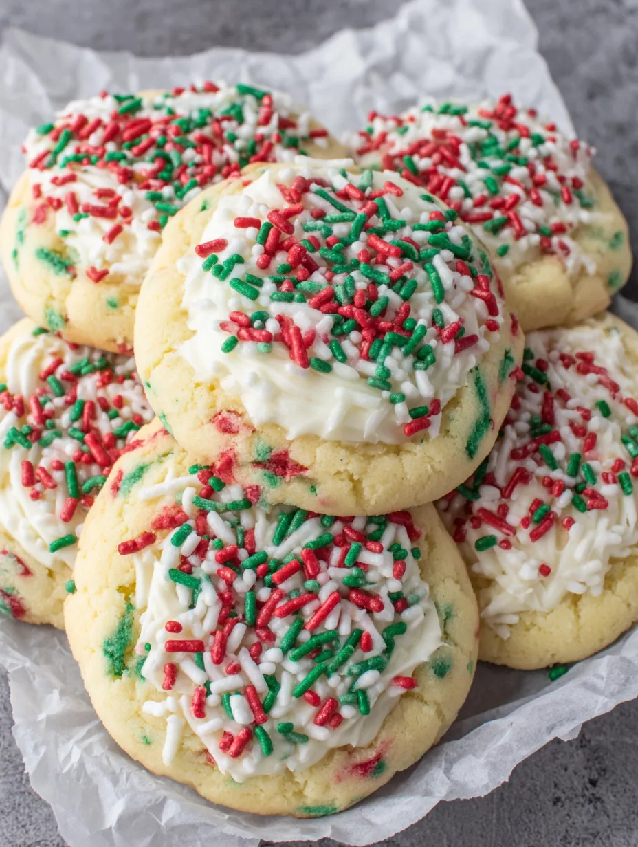 A stack of colorful cookies with white frosting.