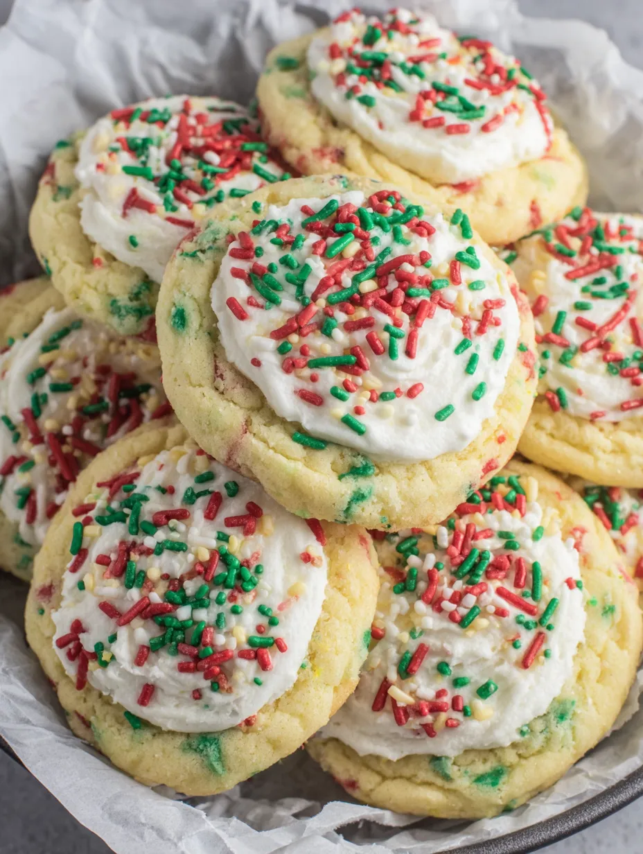 A plate of cookies with white frosting and red sprinkles.