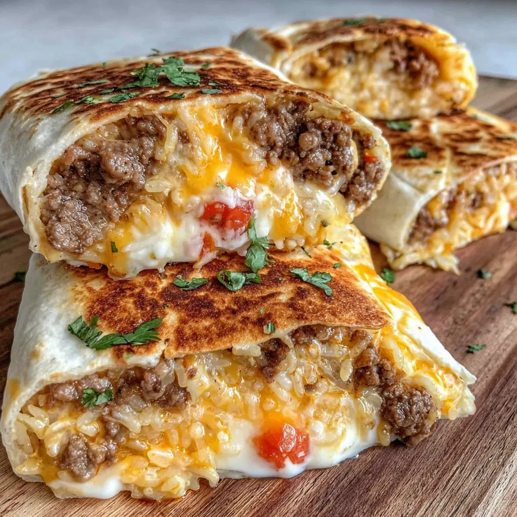 A warm burrito filled with melted cheese and beef.