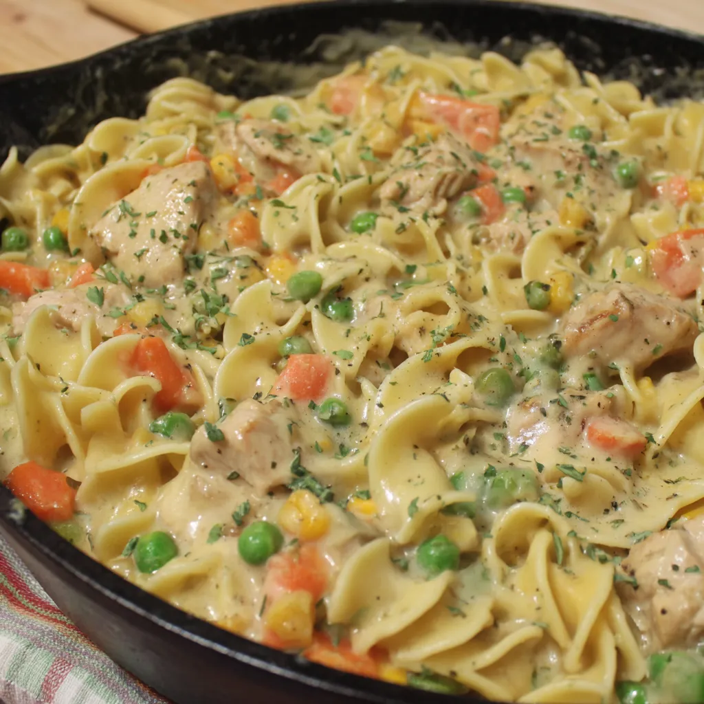 A skillet filled with creamy chicken pasta.