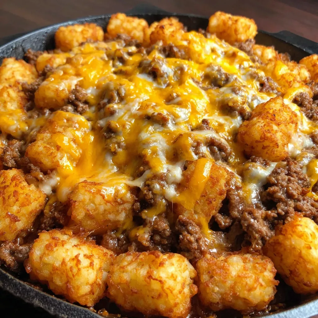 A pan filled with a crispy-topped meal of tots and beef.