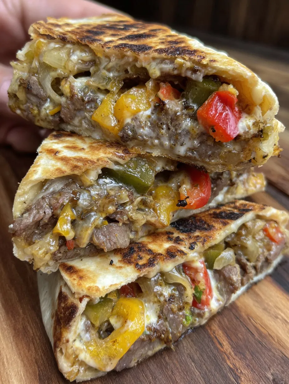 Close shot of a steak crunchwrap with fajita fillings.