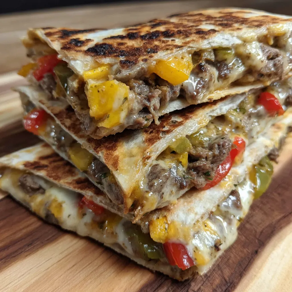 Stack of crispy tortilla wraps with steak and veggies.