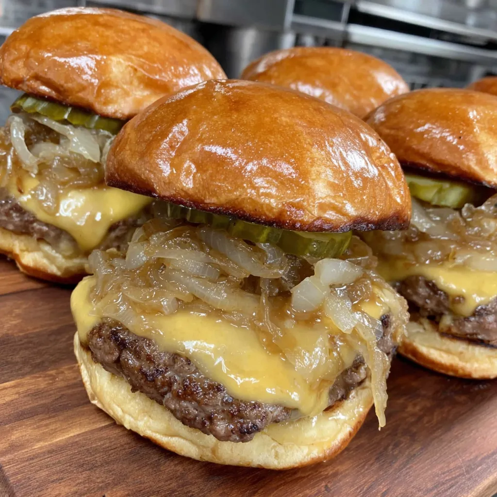 Griddled smash burgers with golden onions on top.