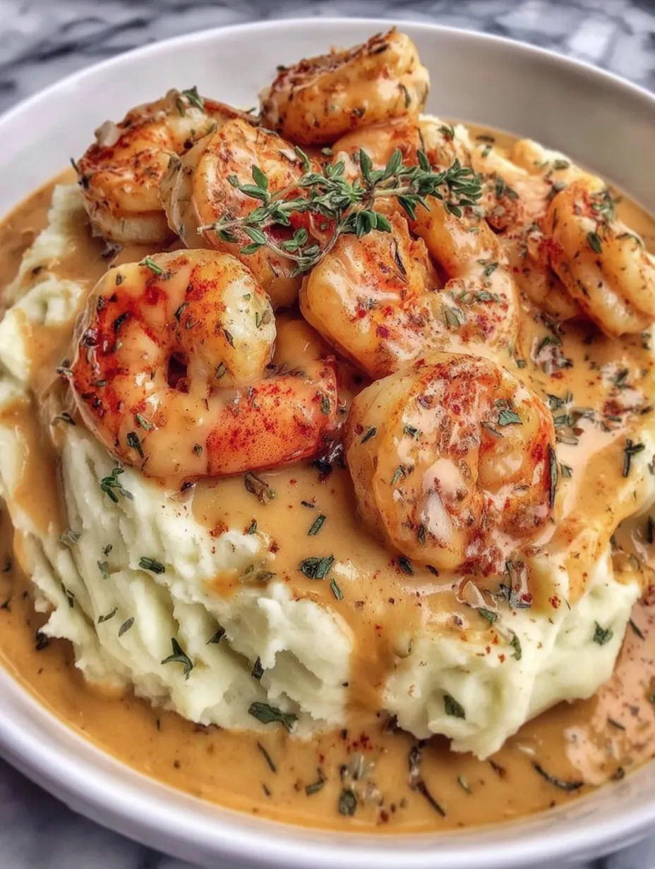 A bowl of creamy garlic shrimp on mashed potatoes.