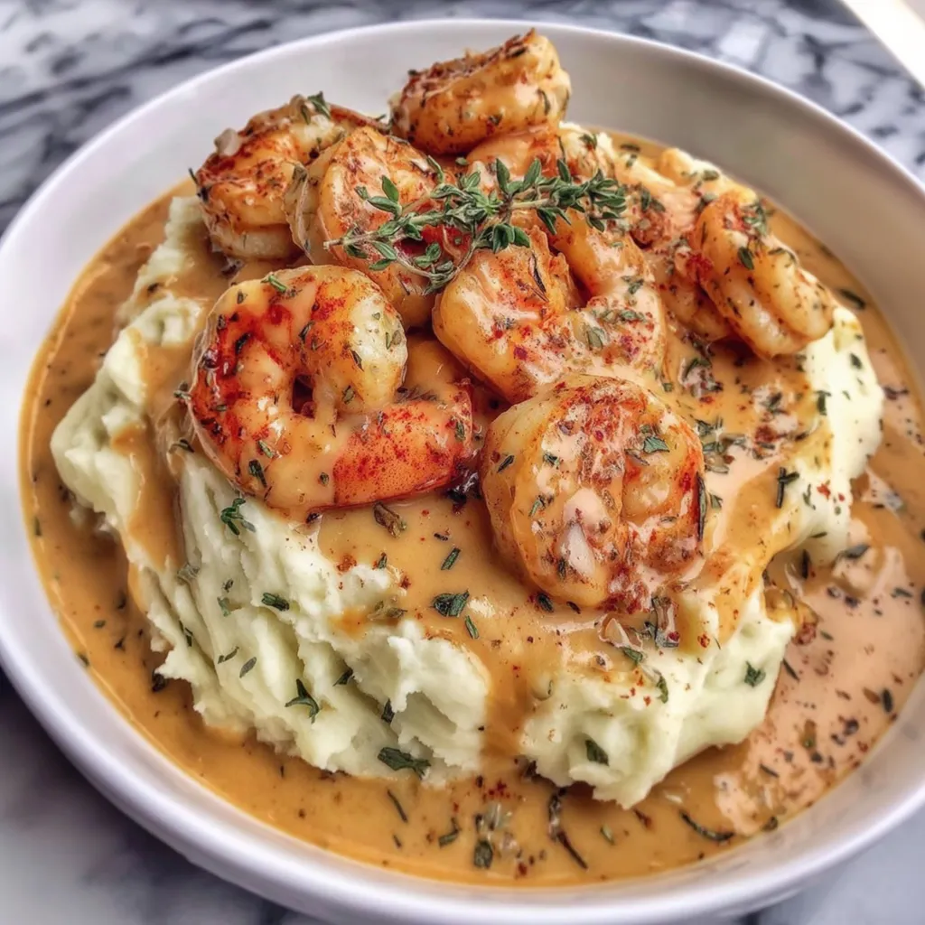 Shrimp served with mashed potatoes.