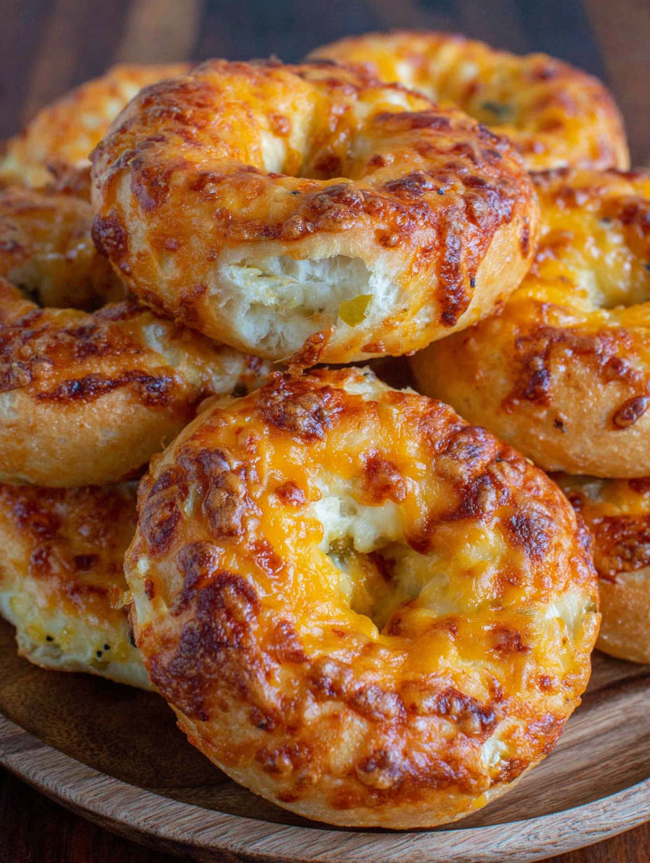 A stack of cheese and bacon donuts.