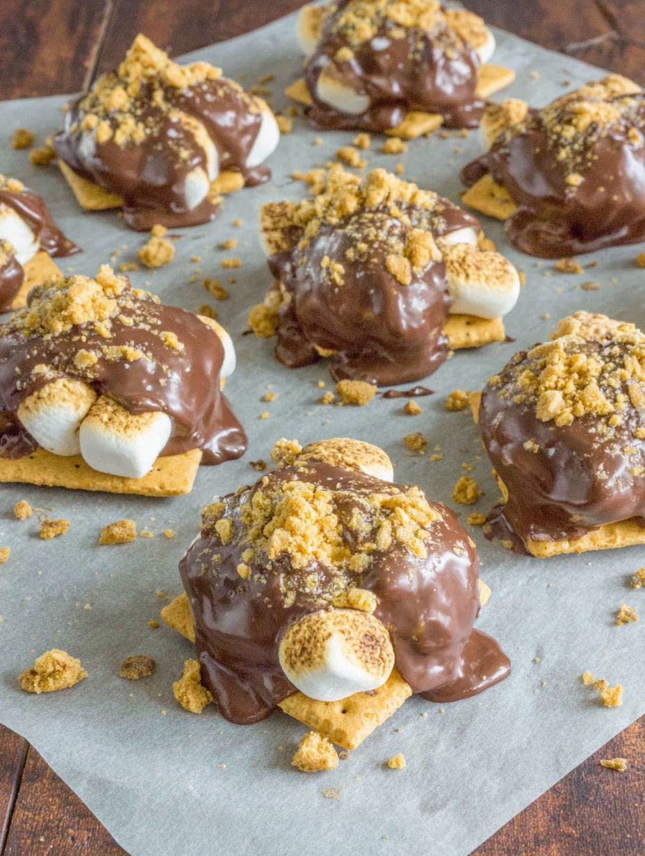 A plate of chocolate covered marshmallows.