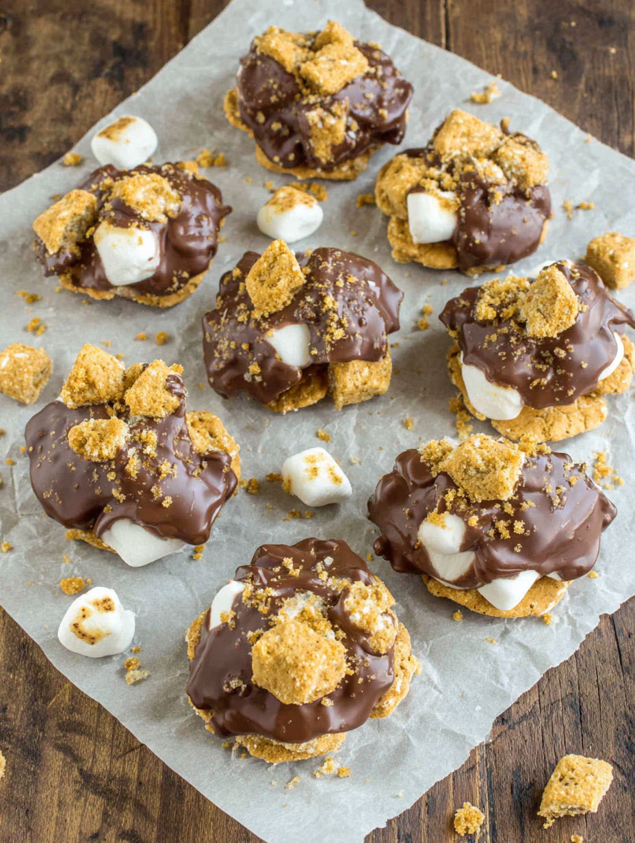 A plate of chocolate covered marshmallows.