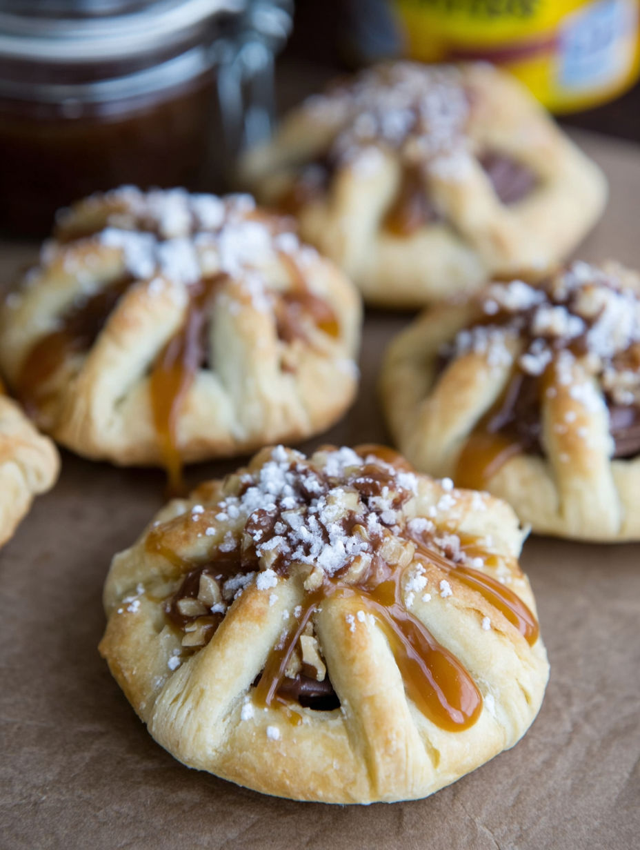 A pastry topped with caramel sauce and nuts.