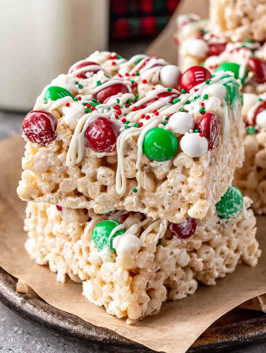 A close up of a Rice Krispie treat with Christmas decorations.