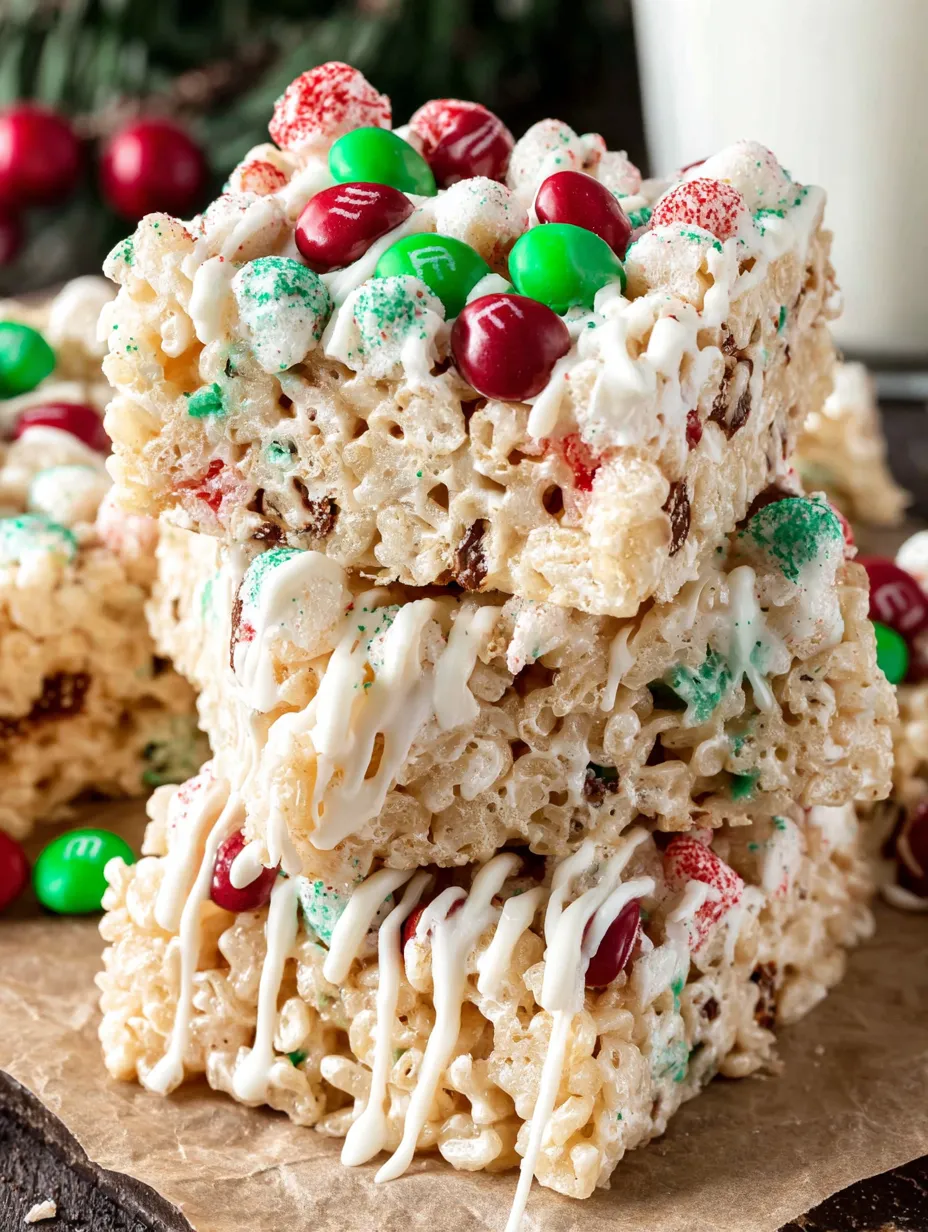 A stack of rice krispie treats with green and red candy on top.