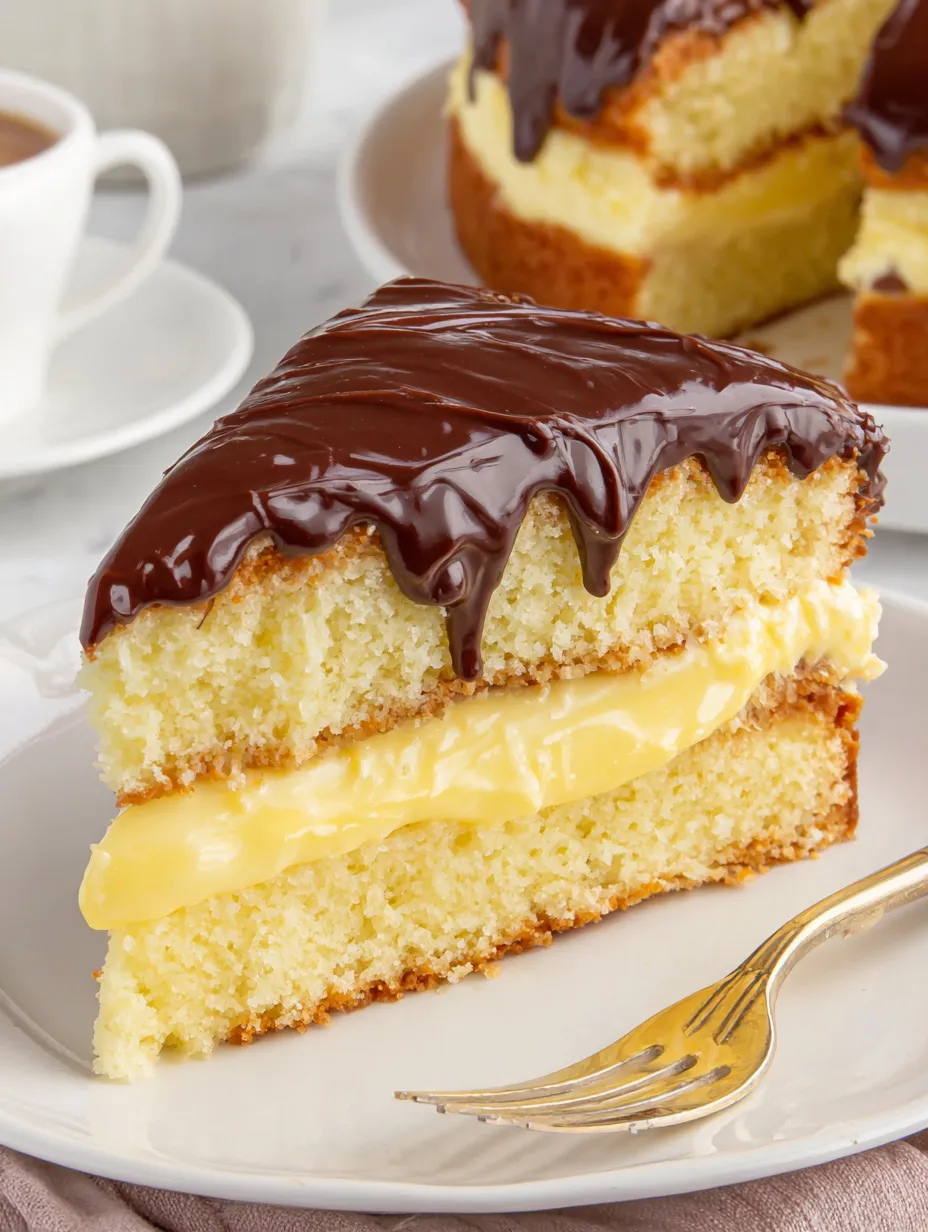 You get a perfect chunk of Boston Cream Pie with glossy chocolate covering the top.