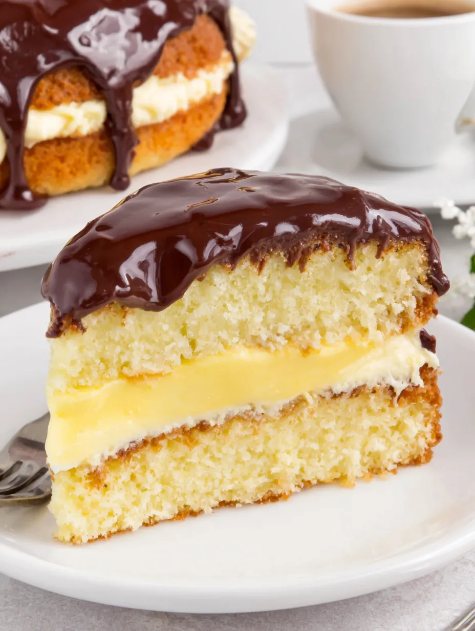 Boston Cream Pie in a slice, rich and layered.