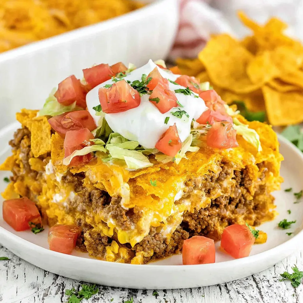 White plate holding a colorful serving of baked Doritos casserole with sides.