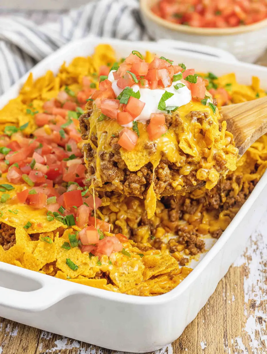 Big white pan loaded up with cheesy taco layers.