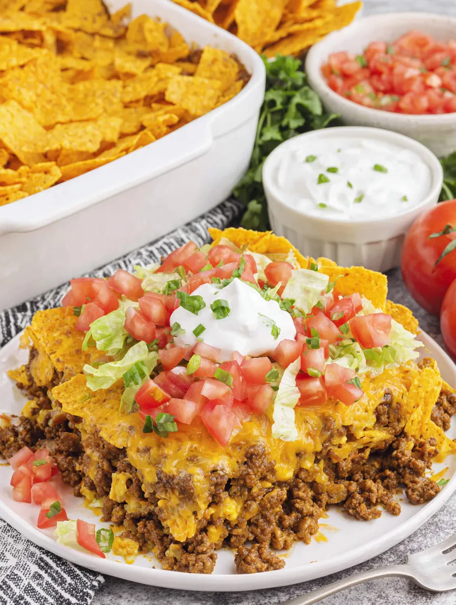A plate stacked high, topped with creamy white sauce.