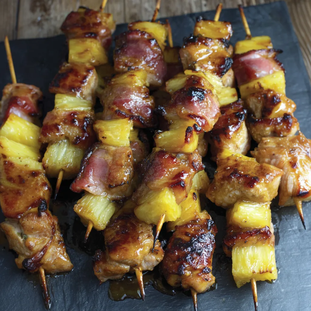 Grilled teriyaki chicken skewers with pineapple wrapped in crispy bacon on a plate.