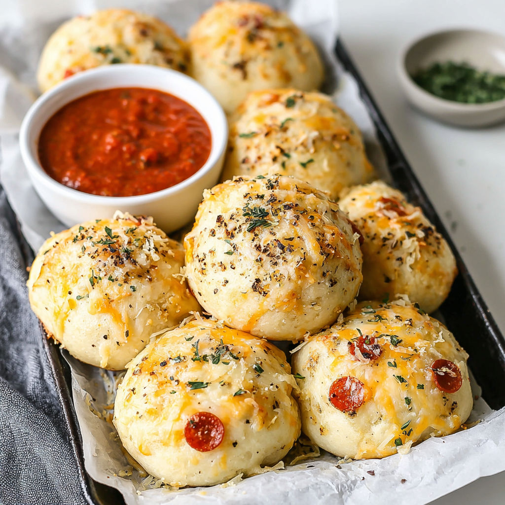 A tray of stuffed pizza rolls with tomato sauce.