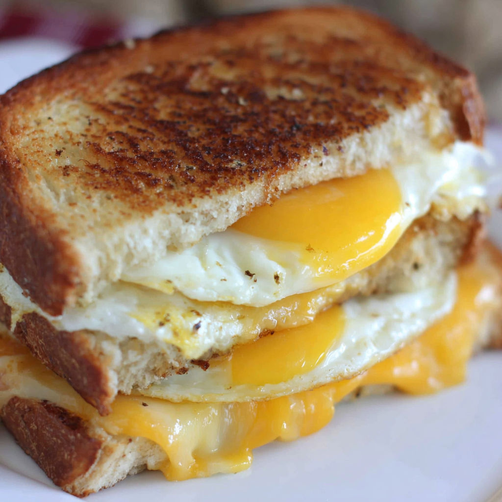 A grilled cheese sandwich with a fried egg on top.