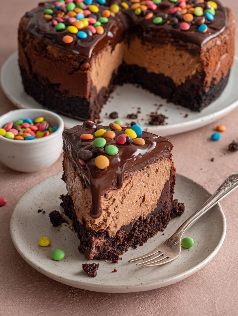 A slice of chocolate cheesecake with chocolate drizzle and colorful sprinkles.