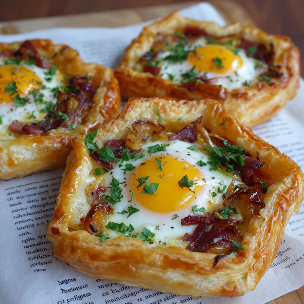 Bacon and egg galettes on a table.
