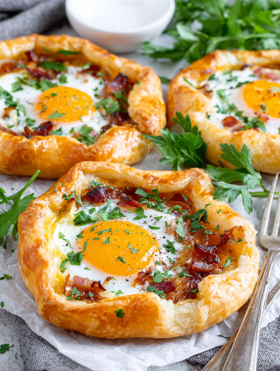 A pastry with a fried egg in the center.