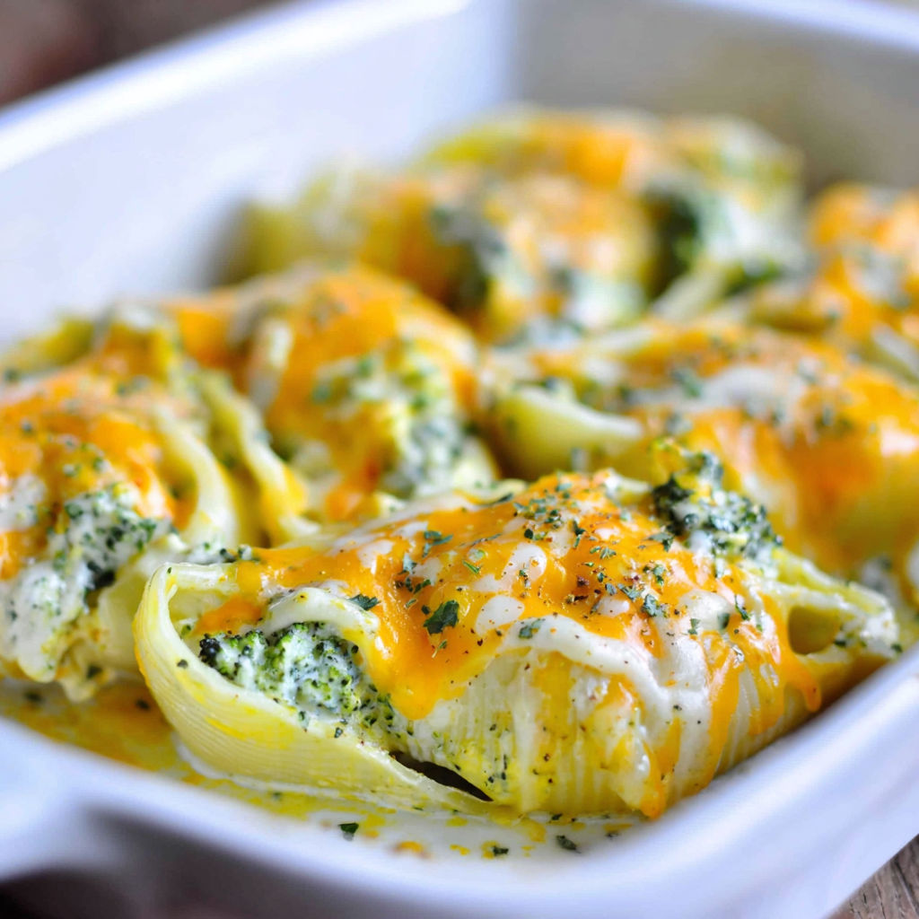 A dish of chicken alfredo stuffed shells.