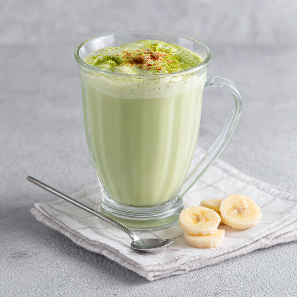 A glass of banana matcha smoothie with a spoon in it.