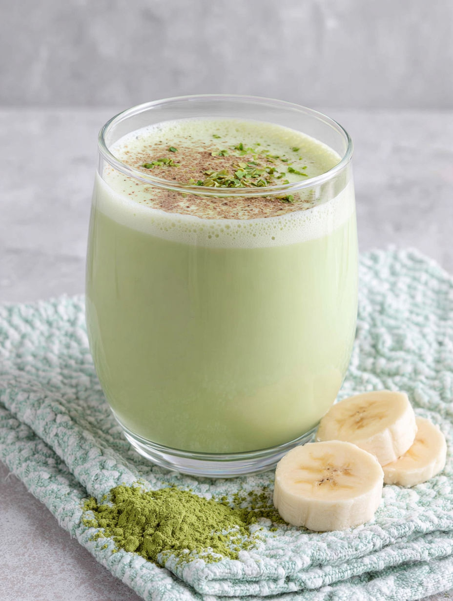 A glass of green liquid with a banana on the side.