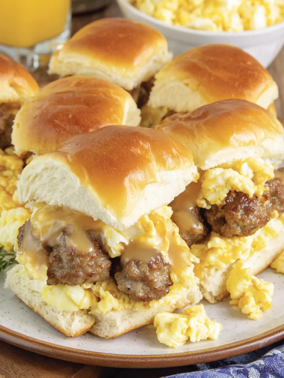 Sausage breakfast sliders stacked on a plate.